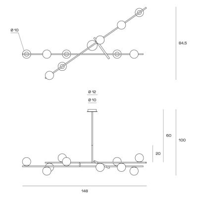 KIKA SOSPENSIONE MODERNA 10 LUCI IN METALLO NERO CON SFERE BIANCO LATTE LARGHEZZA CM 148 LAMPADINE G9
