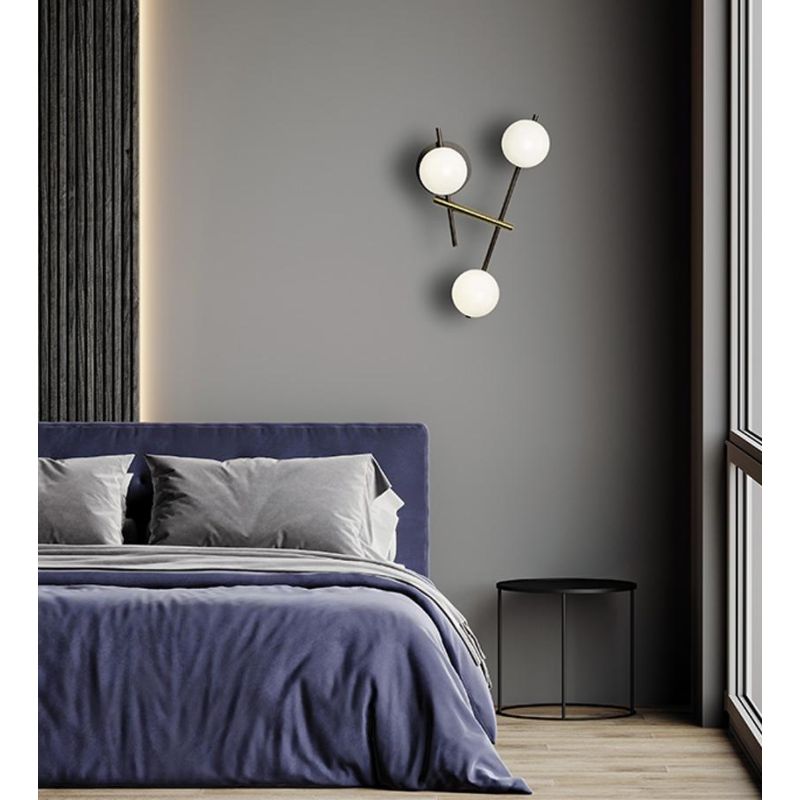 KIKA APPLIQUE MODERNA 3 LUCI IN METALLO NERO CON SFERE BIANCO LATTE LAMPADINE ATTACCO G9