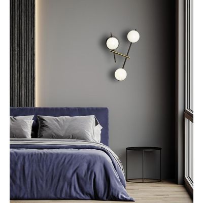 KIKA APPLIQUE MODERNA 3 LUCI IN METALLO NERO CON SFERE BIANCO LATTE LAMPADINE ATTACCO G9