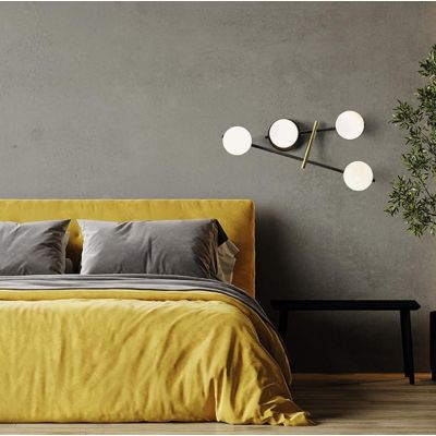 KIKA APPLIQUE MODERNA 4 LUCI IN METALLO NERO CON SFERE BIANCO LATTE LAMPADINE ATTACCO G9
