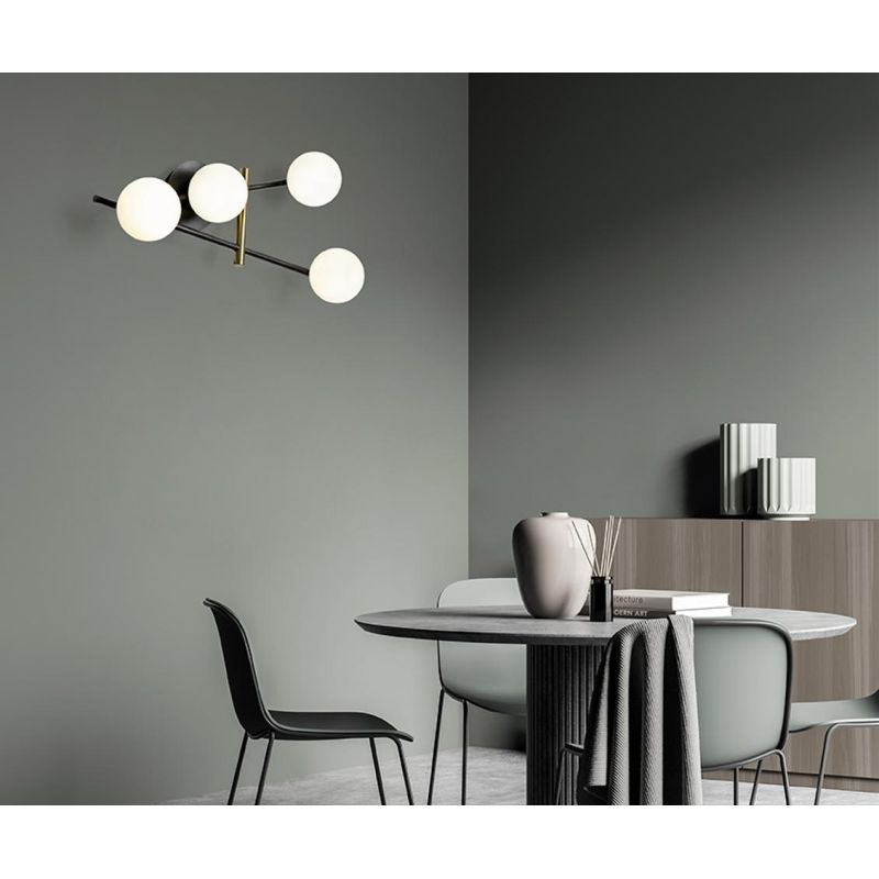 KIKA APPLIQUE MODERNA 4 LUCI IN METALLO NERO CON SFERE BIANCO LATTE LAMPADINE ATTACCO G9