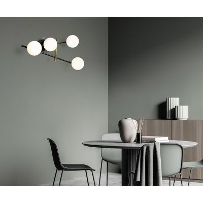 KIKA APPLIQUE MODERNA 4 LUCI IN METALLO NERO CON SFERE BIANCO LATTE LAMPADINE ATTACCO G9