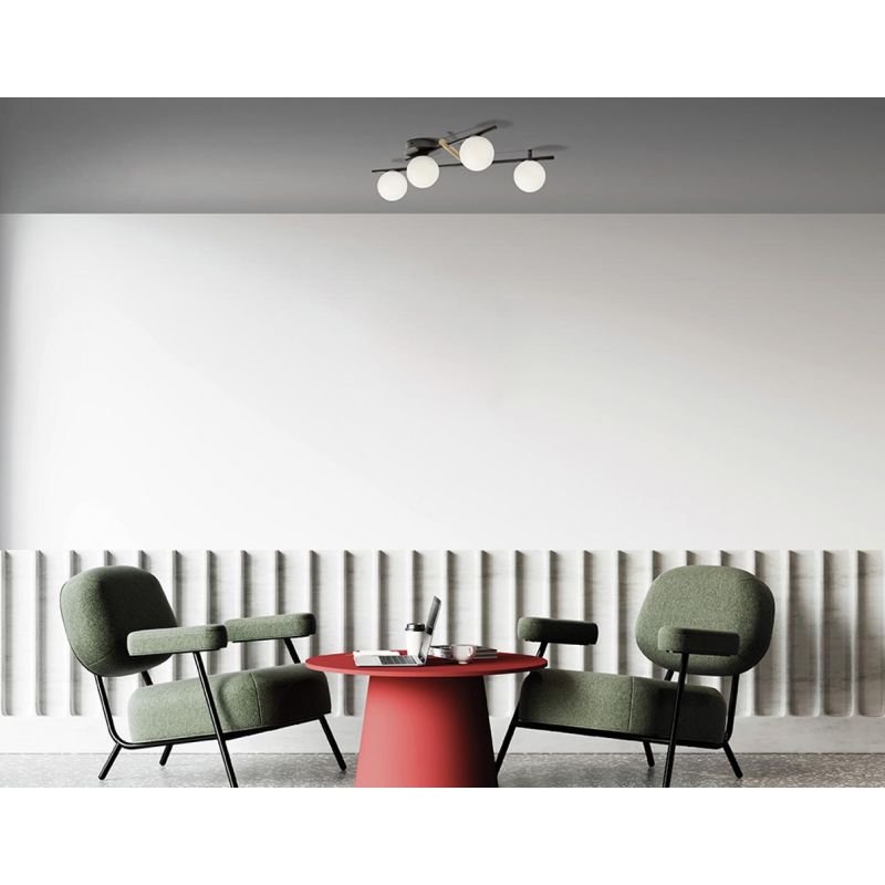 KIKA PLAFONIERA 4 LUCI IN METALLO NERO CON SFERE BIANCO LATTE MODERNA LAMPADINE ATTACCO G9