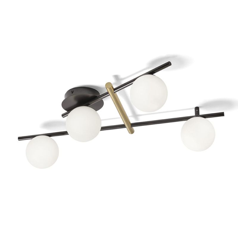 KIKA PLAFONIERA 4 LUCI IN METALLO NERO CON SFERE BIANCO LATTE MODERNA LAMPADINE ATTACCO G9