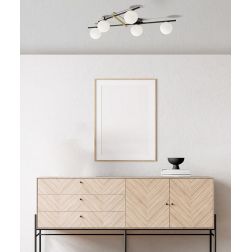 KIKA PLAFONIERA 5 LUCI IN METALLO NERO CON SFERE BIANCO LATTE MODERNA LAMPADINE ATTACCO G9