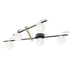 KIKA PLAFONIERA 5 LUCI IN METALLO NERO CON SFERE BIANCO LATTE MODERNA LAMPADINE ATTACCO G9 2