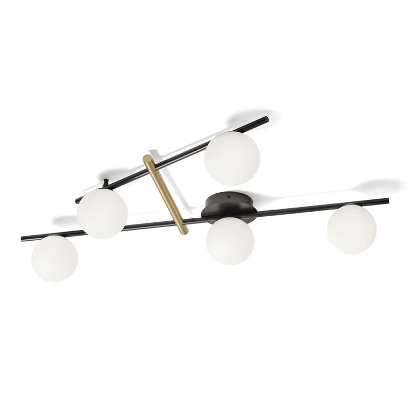 KIKA PLAFONIERA 5 LUCI IN METALLO NERO CON SFERE BIANCO LATTE MODERNA LAMPADINE ATTACCO G9