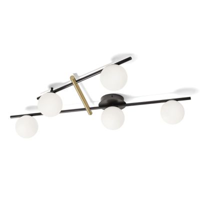 KIKA PLAFONIERA 5 LUCI IN METALLO NERO CON SFERE BIANCO LATTE MODERNA LAMPADINE ATTACCO G9