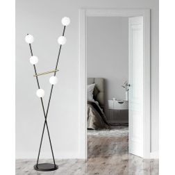 KIKA PIANTANA 6 LUCI H180 CM IN METALLO NERO CON SFERE BIANCO LATTE DIMMERABILE LAMPADINE ATTACCO G9