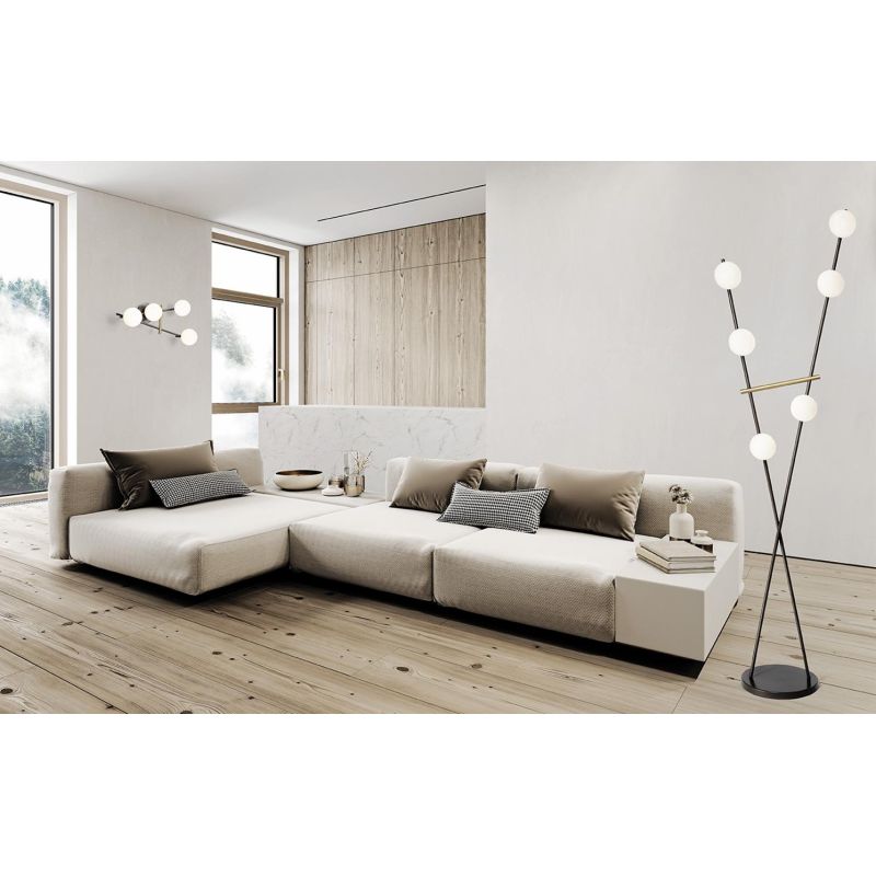 KIKA PIANTANA 6 LUCI H180 CM IN METALLO NERO CON SFERE BIANCO LATTE DIMMERABILE LAMPADINE ATTACCO G9