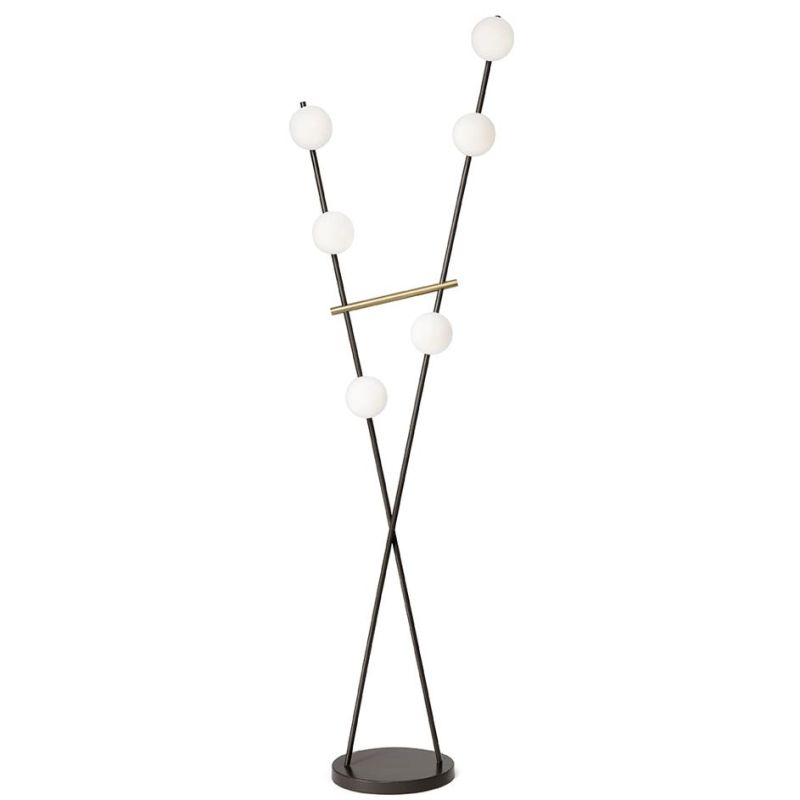KIKA PIANTANA 6 LUCI H180 CM IN METALLO NERO CON SFERE BIANCO LATTE DIMMERABILE LAMPADINE ATTACCO G9