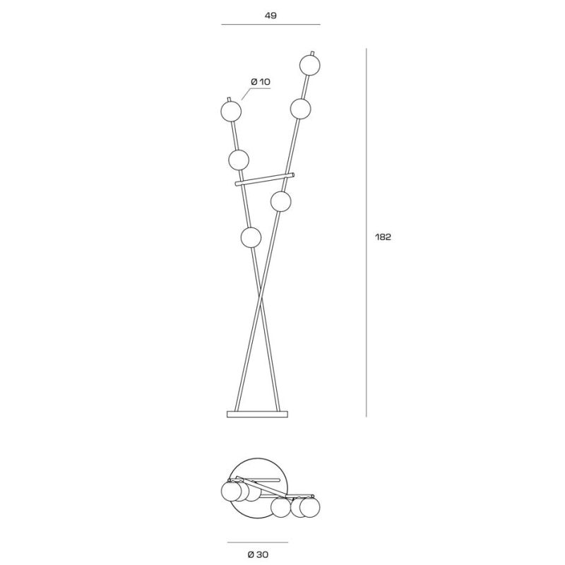 KIKA PIANTANA 6 LUCI H180 CM IN METALLO NERO CON SFERE BIANCO LATTE DIMMERABILE LAMPADINE ATTACCO G9