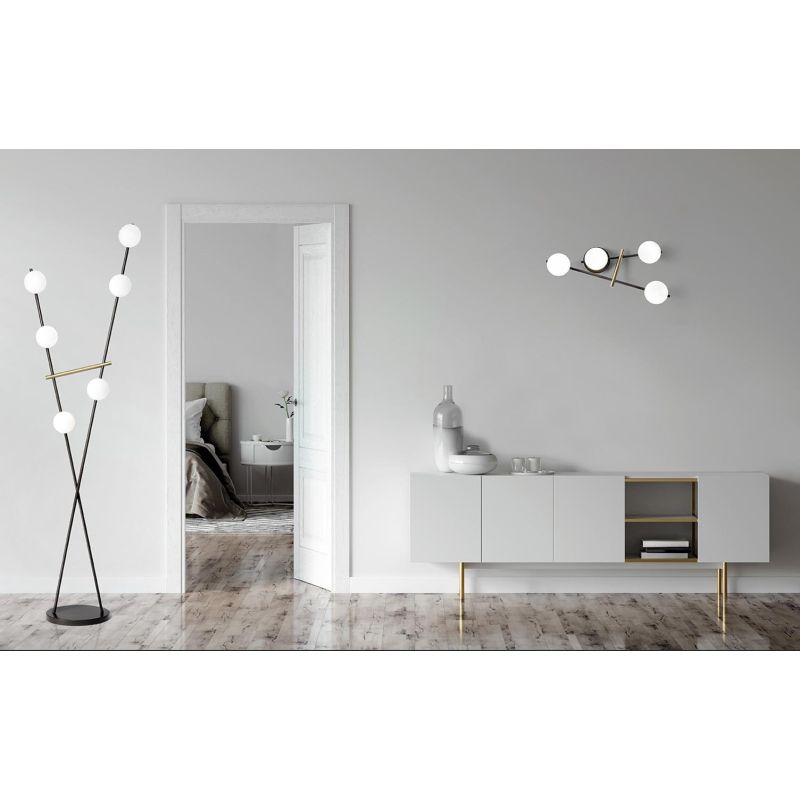 KIKA PIANTANA 6 LUCI H180 CM IN METALLO NERO CON SFERE BIANCO LATTE DIMMERABILE LAMPADINE ATTACCO G9