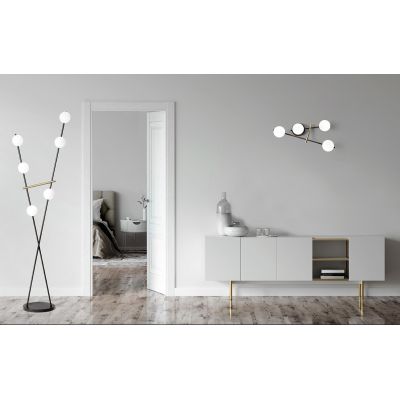 KIKA PIANTANA 6 LUCI H180 CM IN METALLO NERO CON SFERE BIANCO LATTE DIMMERABILE LAMPADINE ATTACCO G9