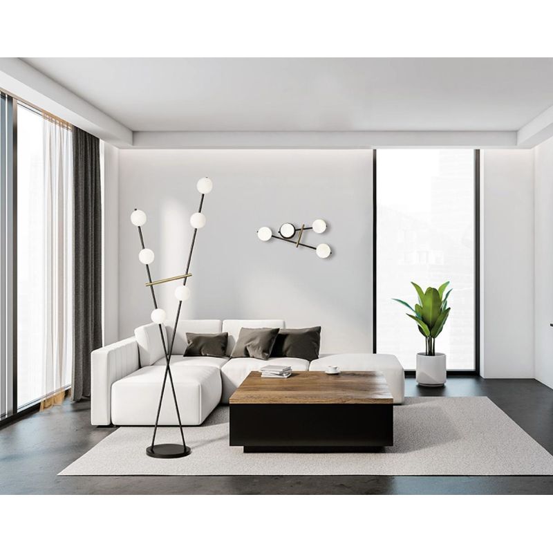 KIKA PIANTANA 6 LUCI H180 CM IN METALLO NERO CON SFERE BIANCO LATTE DIMMERABILE LAMPADINE ATTACCO G9