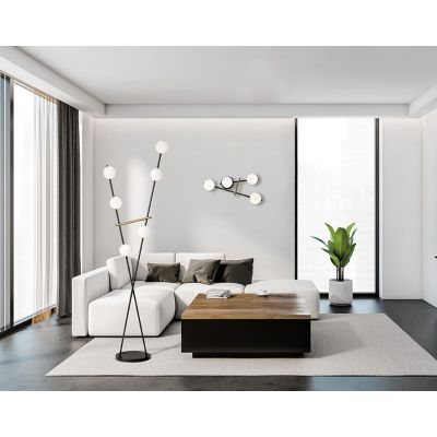 KIKA PIANTANA 6 LUCI H180 CM IN METALLO NERO CON SFERE BIANCO LATTE DIMMERABILE LAMPADINE ATTACCO G9