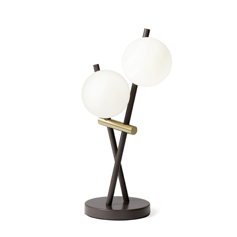 KIKA LAMPADA DA TAVOLO A 2 LUCI H39 CM IN METALLO NERO CON SFERE BIANCO LATTE DIMMERABILE LAMPADINE ATTACCO G9