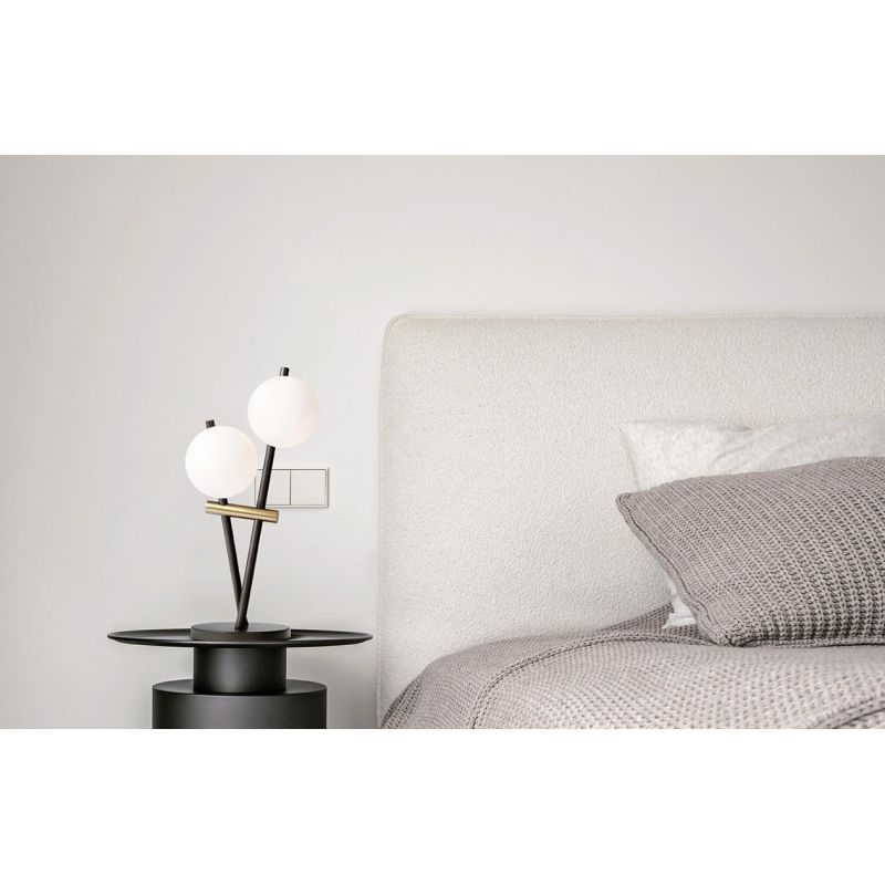 KIKA LAMPADA DA TAVOLO A 2 LUCI H39 CM IN METALLO NERO CON SFERE BIANCO LATTE DIMMERABILE LAMPADINE ATTACCO G9