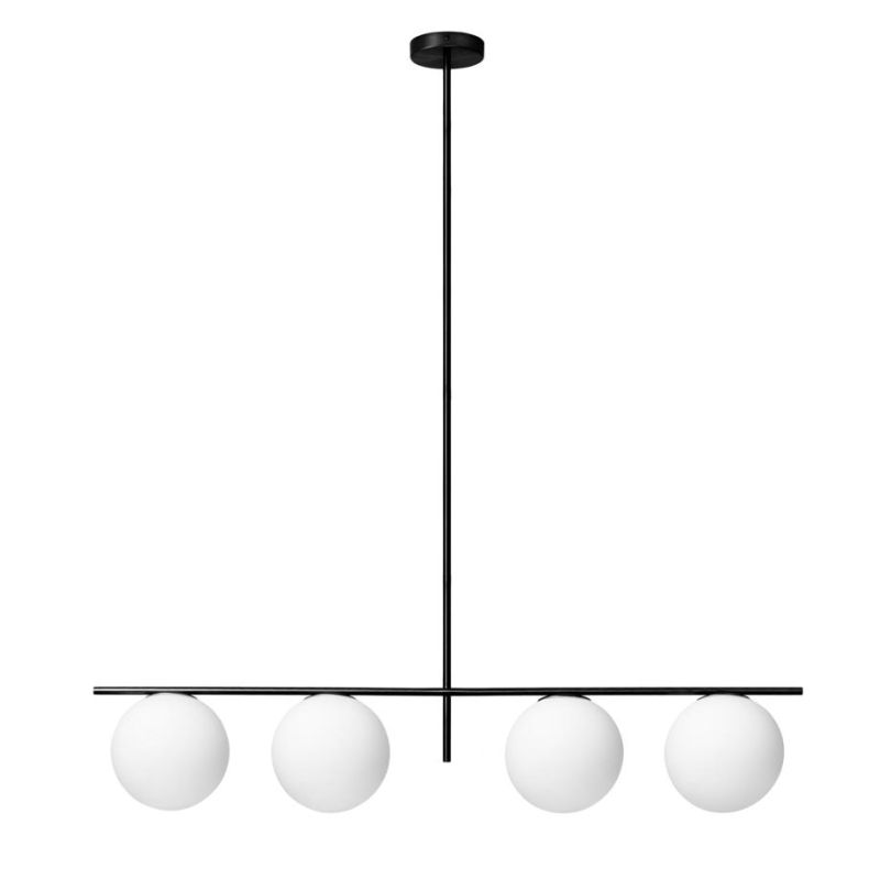 JUGEN SOSPENSIONE 4 LUCI CON VETRI A SFERA BIANCO LATTE MONTATURA IN 2 COLORI MODERNA LAMPADINE E27
