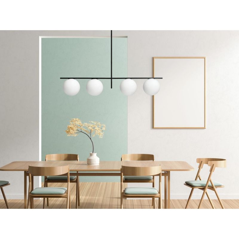 JUGEN SOSPENSIONE 4 LUCI CON VETRI A SFERA BIANCO LATTE MONTATURA IN 2 COLORI MODERNA LAMPADINE E27