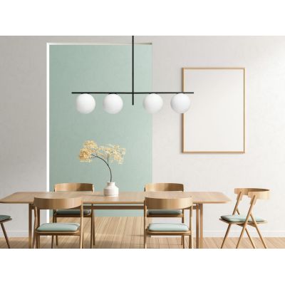 JUGEN SOSPENSIONE 4 LUCI CON VETRI A SFERA BIANCO LATTE MONTATURA IN 2 COLORI MODERNA LAMPADINE E27