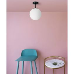JUGEN PLAFONIERA METALLO ORO O NERA CON SFERA IN VETRO BIANCO LATTE MODERNA LAMPADINA E27