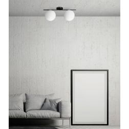 JUGEN PLAFONIERA 2 LUCI ORO O NERA CON SFERE IN VETRO BIANCO LATTE MODERNA LAMPADINE E27 2