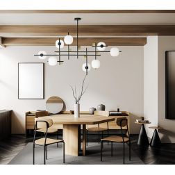 LINGOTTO SOSPENSIONE MODERNA 8 LUCI NERA - ORO LARGHEZZA CM 140 DIFFUSORI IN VETRO LAMPADINE ATTACCO G9