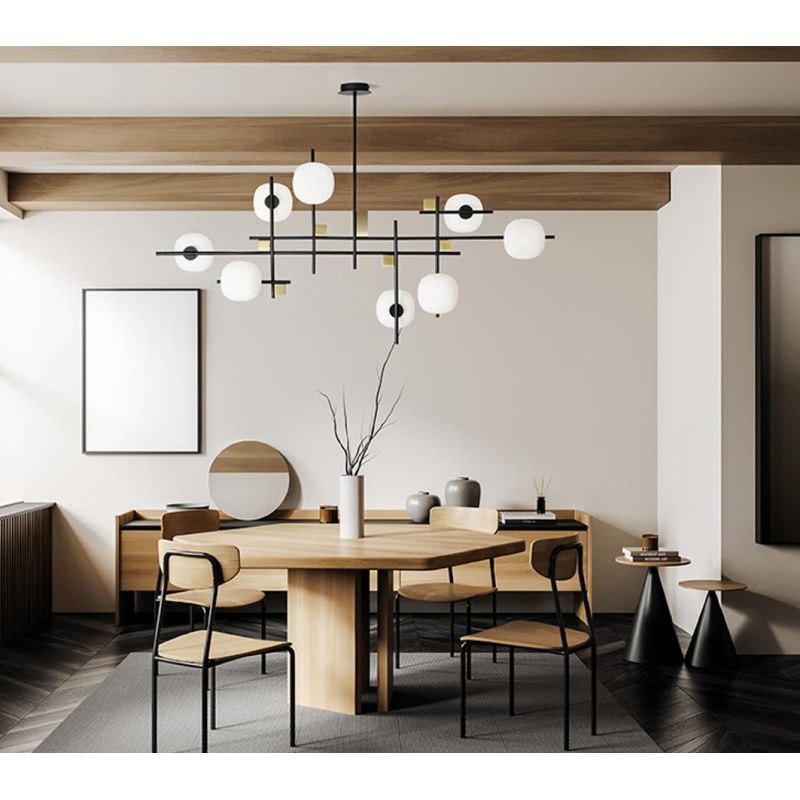 LINGOTTO SOSPENSIONE MODERNA 8 LUCI NERA - ORO LARGHEZZA CM 140 DIFFUSORI IN VETRO LAMPADINE ATTACCO G9