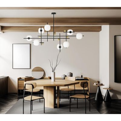 LINGOTTO SOSPENSIONE MODERNA 8 LUCI NERA - ORO LARGHEZZA CM 140 DIFFUSORI IN VETRO LAMPADINE ATTACCO G9