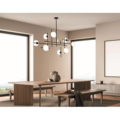 LINGOTTO SOSPENSIONE MODERNA 8 LUCI NERA - ORO LARGHEZZA CM 140 DIFFUSORI IN VETRO LAMPADINE ATTACCO G9