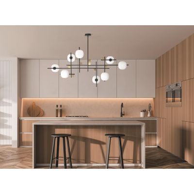 LINGOTTO SOSPENSIONE MODERNA 8 LUCI NERA - ORO LARGHEZZA CM 140 DIFFUSORI IN VETRO LAMPADINE ATTACCO G9