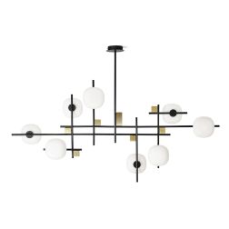 LINGOTTO SOSPENSIONE MODERNA 8 LUCI NERA - ORO LARGHEZZA CM 140 DIFFUSORI IN VETRO LAMPADINE ATTACCO G9 2