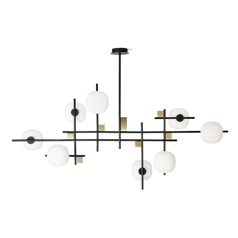 LINGOTTO SOSPENSIONE MODERNA 8 LUCI NERA - ORO LARGHEZZA CM 140 DIFFUSORI IN VETRO LAMPADINE ATTACCO G9