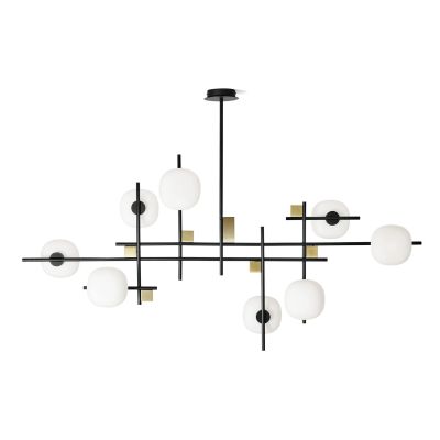 LINGOTTO SOSPENSIONE MODERNA 8 LUCI NERA - ORO LARGHEZZA CM 140 DIFFUSORI IN VETRO LAMPADINE ATTACCO G9