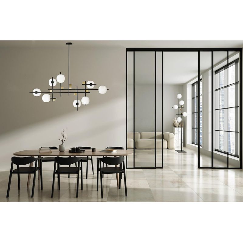 LINGOTTO SOSPENSIONE MODERNA 8 LUCI NERA - ORO LARGHEZZA CM 140 DIFFUSORI IN VETRO LAMPADINE ATTACCO G9