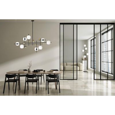 LINGOTTO SOSPENSIONE MODERNA 8 LUCI NERA - ORO LARGHEZZA CM 140 DIFFUSORI IN VETRO LAMPADINE ATTACCO G9