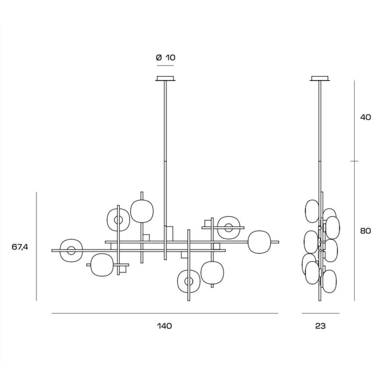 LINGOTTO SOSPENSIONE MODERNA 8 LUCI NERA - ORO LARGHEZZA CM 140 DIFFUSORI IN VETRO LAMPADINE ATTACCO G9