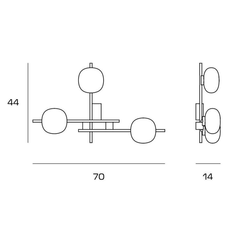 LINGOTTO APPLIQUE A 3 LUCI METALLO NERO - ORO CON DIFFUSORI IN VETRO LAMPADINE ATTACCO G9