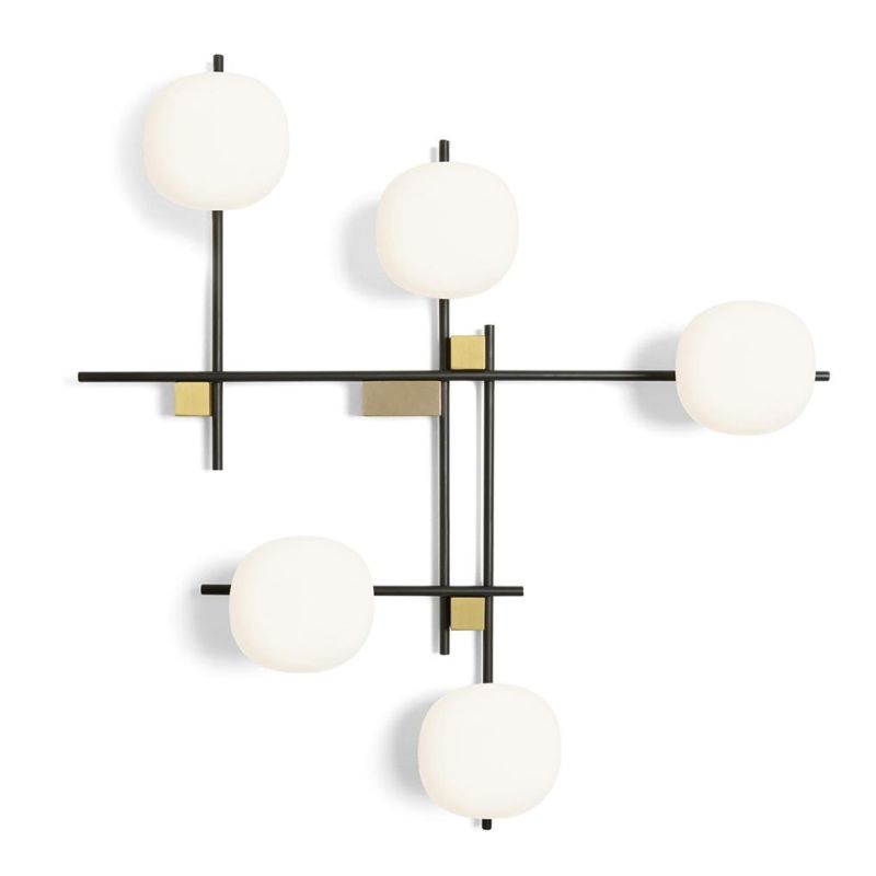 LINGOTTO PLAFONIERA APPLIQUE A 5 LUCI METALLO NERO - ORO CON DIFFUSORI IN VETRO LAMPADINE ATTACCO G9