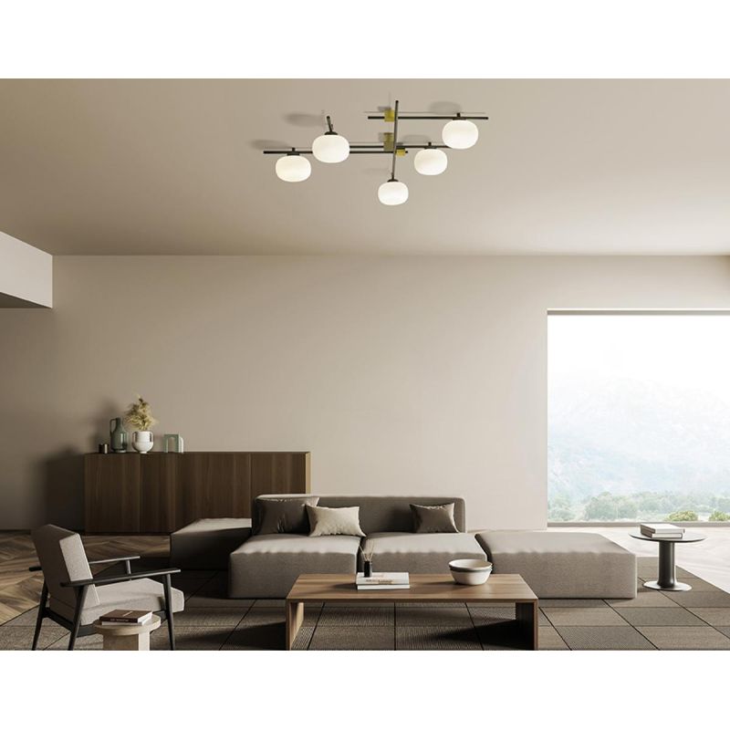 LINGOTTO PLAFONIERA APPLIQUE A 5 LUCI METALLO NERO - ORO CON DIFFUSORI IN VETRO LAMPADINE ATTACCO G9