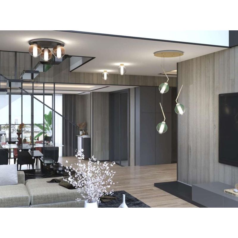 V-LINE SOSPENSIONE ROTONDA 3 LUCI NERA O SABBIA CON VETRI COLORATI LAMPADINE E27 ORIGINALE E MODERNA