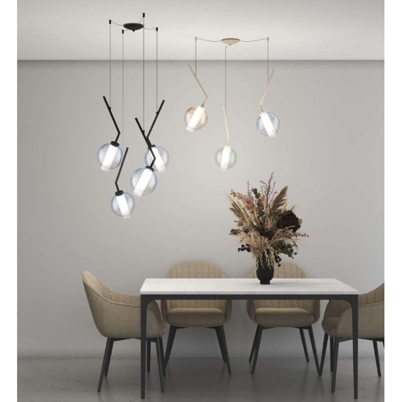 V-LINE SOSPENSIONE 4 LUCI DECENTRATA NERA O SABBIA CON VETRI COLORATI LAMPADINE E27