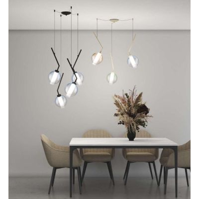 V-LINE SOSPENSIONE 4 LUCI DECENTRATA NERA O SABBIA CON VETRI COLORATI LAMPADINE E27