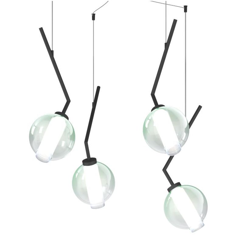 V-LINE SOSPENSIONE 4 LUCI DECENTRATA NERA O SABBIA CON VETRI COLORATI LAMPADINE E27