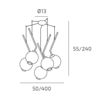 V-LINE SOSPENSIONE 5 LUCI DECENTRATA NERA O SABBIA CON VETRI COLORATI LAMPADINE E27