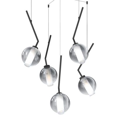 V-LINE SOSPENSIONE 5 LUCI DECENTRATA NERA O SABBIA CON VETRI COLORATI LAMPADINE E27