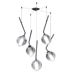 V-LINE SOSPENSIONE 5 LUCI DECENTRATA NERA O SABBIA CON VETRI COLORATI LAMPADINE E27