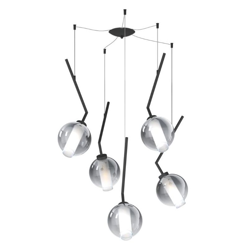 V-LINE SOSPENSIONE 5 LUCI DECENTRATA NERA O SABBIA CON VETRI COLORATI LAMPADINE E27