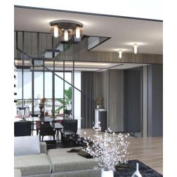 V-LINE PLAFONIERA ROTONDA 3 LUCI D50 CM NERA O SABBIA CON VETRI COLORATI MODERNA LAMPADINE E27 2